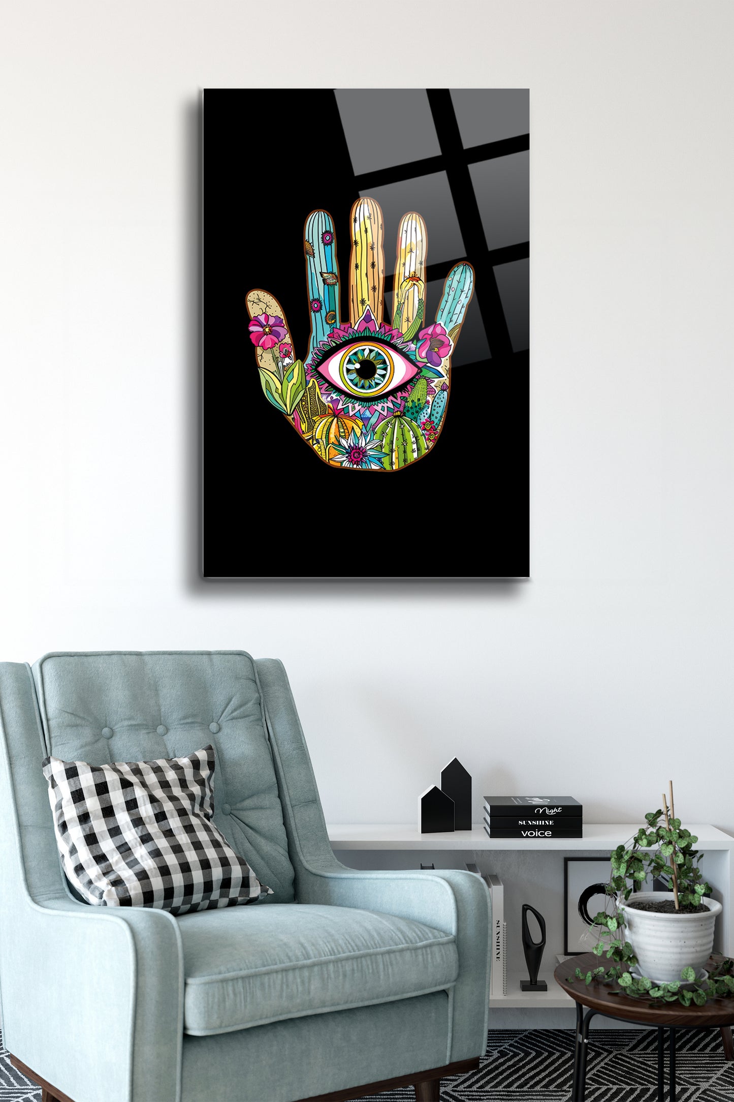 Fatma Ana Eli Cam Tablo - Nazar Boncuğu - Nazar - Nazarlık - Dini Tablo - Çiçekli Tablo Alh050