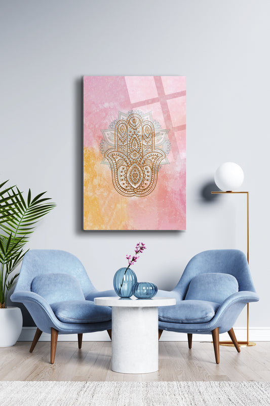 Fatma Ana Eli Cam Tablo - Nazar Boncuğu - Nazar - Nazarlık - Dini Tablo - Pembe Tablo Alh055