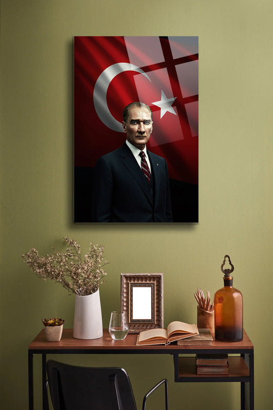 Atatürk Cam Tablo - Portre - Cam Tablo - Duvar Dekoru - Atatürk Portresi - Kaliteli Baskı Ata008 - Alcor Shop
